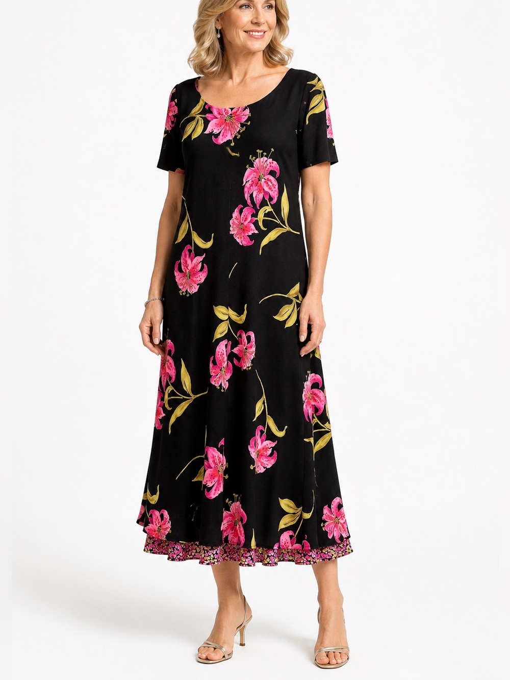 Jessica Howard Woman Size 16 Black Pink Floral Midi Cocktail Dress Short Sleeve
